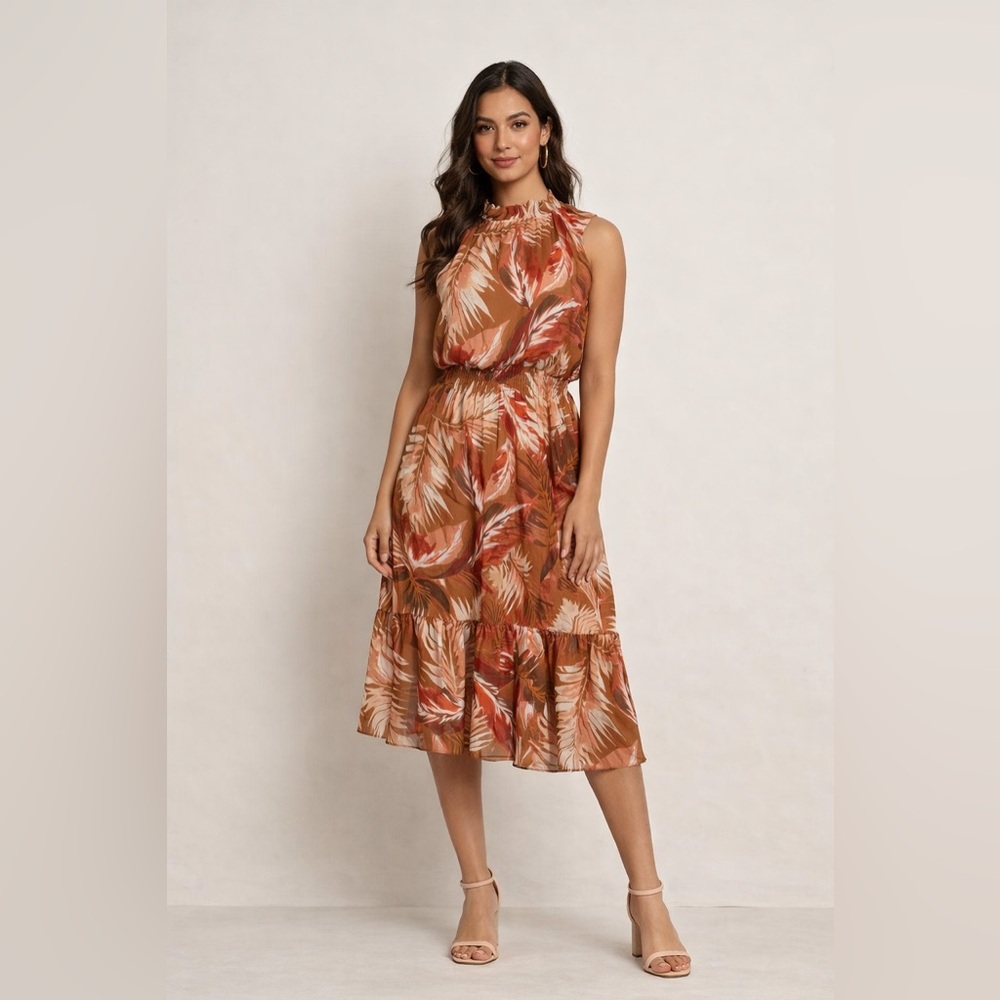 Sleeveless Tropical Print Midi Dress in Rust